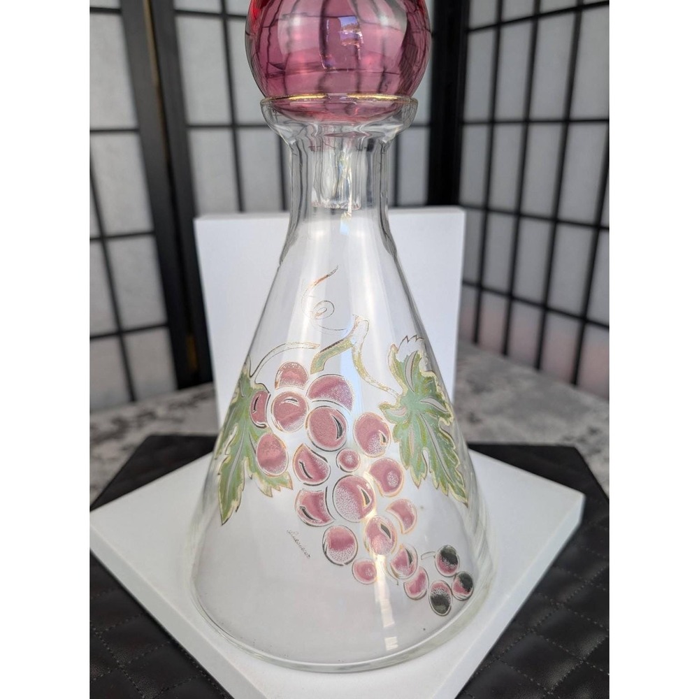 Vintage‎ Linea Decor Italy Grapes Glass Decanter Pink Stopper Gold Trim